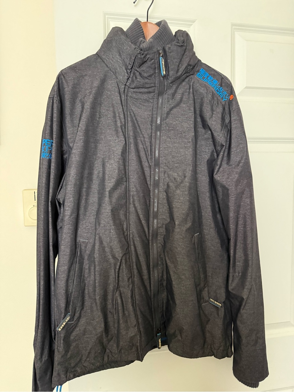 Superdry Men’s Charcoal Raincoat with Blue Logo Details